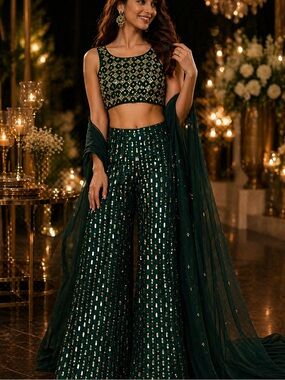 Sequin shiny Emerald green lehnga sharara 3 piece with cape cardigan